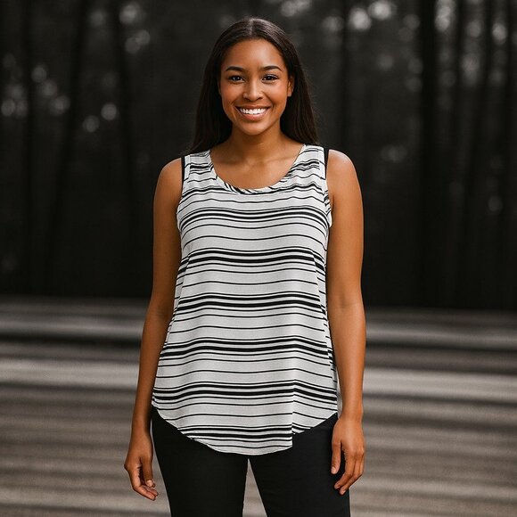 Papillon Striped‎ Sleeveless Tunic Tank Top Black White Layered Coastal Casual - Picture 4 of 7